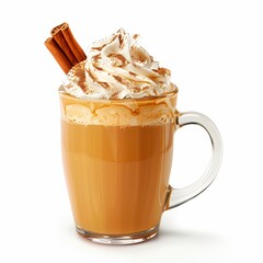 A rich and creamy pumpkin spice latte with whipped cream and a sprinkle of cinnamon, isolated white background, realism art style