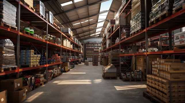 A spacious, well-organized warehouse with tall shelves stocked with various goods and an automated inventory system