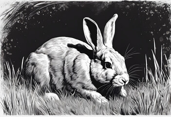 A detailed black and white illustration of a rabbit, showcasing intricate fur texture and a neutral background.