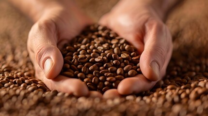 Savory Aroma Check: Close-up of Hands Smelling Freshly Roasted Beans for Quality Assurance in Coffee Industry