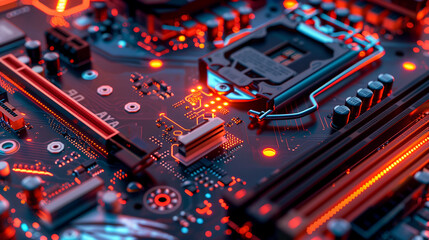 Close-up view of a computer motherboard with intricate circuits and components, illuminated by RGB lighting