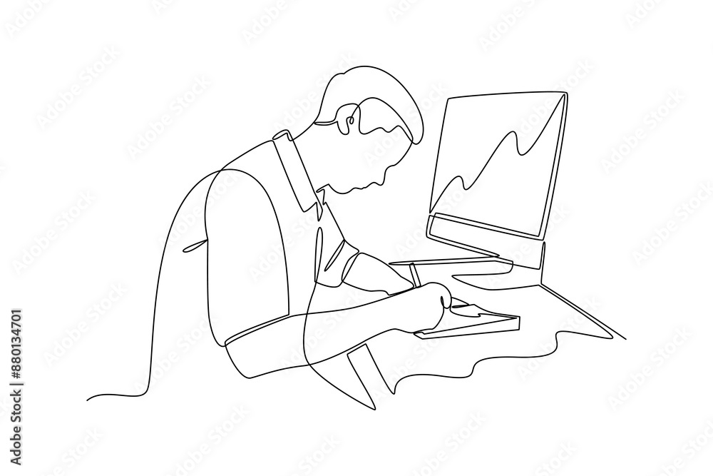 Fototapete continuous line drawing of businessman working at desk with computer and writing notes. symbolizing 