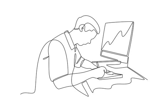 recommend clip art: Continuous line drawing of businessman working at desk with computer and writing notes. Symbolizing productivity.