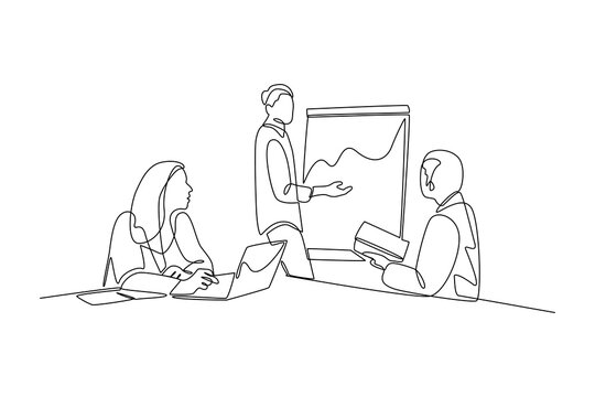 Single continuous line drawing of businessman meeting and presentation in the office illustration