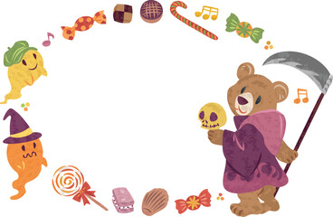 10月　ハロウィーン　死神の仮装をした熊　イラスト素材　丸フレーム