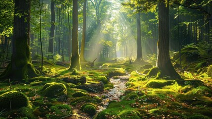 Obraz premium Sunbeams in a Misty Forest