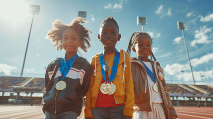 Group of Kids Standing in a Row, Winner Kids Athletes Celebrating Gold Medal Success on the Olympiad Podium
