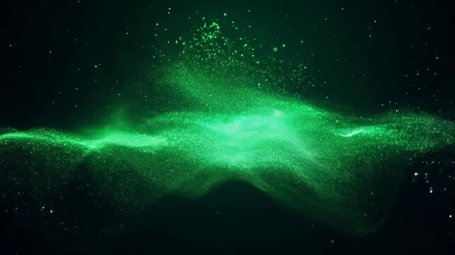 Luminous green particles swirl and dance, forming undulating waves against a dark backdrop. Shimmering specks create a mesmerizing cosmic display, evoking the ethereal beauty of a nebula or aurora.	