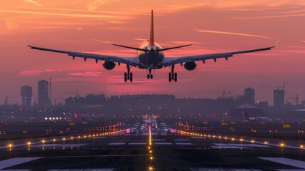 A commercial airplane landing on a runway at sunset, with a city skyline in the background and runway lights illuminated.
