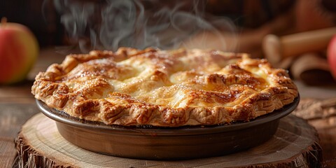 Freshly Baked Golden Apple Pie on Rustic Wooden Table