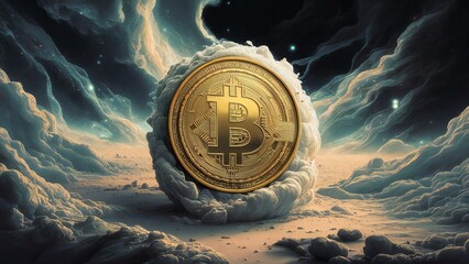 Golden Bitcoin Crypto Cloud futuristic technology digital money currency economy decentralized finance background 