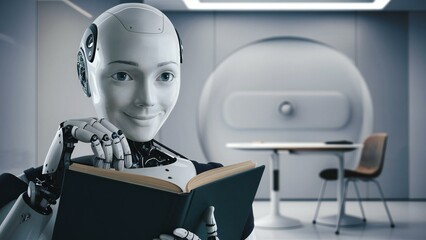 White humanoid robot futuristic classroom holding book education technology
