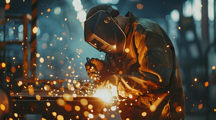 A welder wearing full protective gear works with metal, surrounded by bright sparks in an industrial environment.