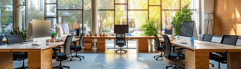 Fototapeta premium Bright and spacious open-plan office with large windows, wooden desks, ergonomic chairs, and green plants, creating a productive and inviting workspace.