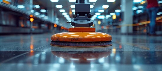 Close-up of an industrial floor cleaning machine operating in a modern facility with bright overhead lighting, showcasing cleanliness and efficiency.