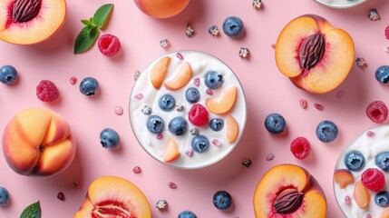 Hovering Above: Vibrant Yogurt with Peach and Blueberry Mosaic