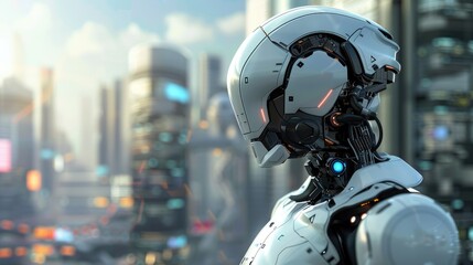 Fototapeta premium Robot android in futuristic city. Artificial intelligence technology concept. Hi-tech of the future