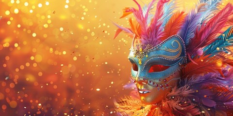Fototapeta premium Carnival Mask with Feathers and Glittering Bokeh Background