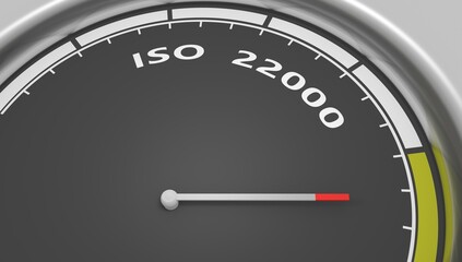 ISO 22000 food standard assurance control certification. Instrument scale with arrow. Colorful infographic gauge element. 3D render