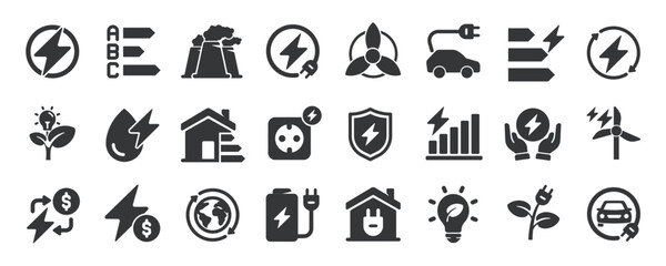 Energy efficiency glyph solid icons collection. Containing content green energy, environment, ecology, renewable, electricity. For website marketing design, logo, app, template, ui, etc. Vector illust