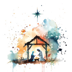 Nativity watercolor illustration isolated on transparent. Christmas png file for art work.
