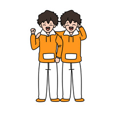 Two young men in orange shirts are holding hands and smiling