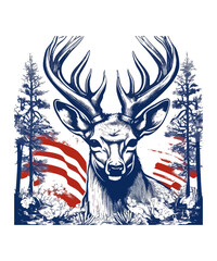 A deer roams the forest with a flag in the background