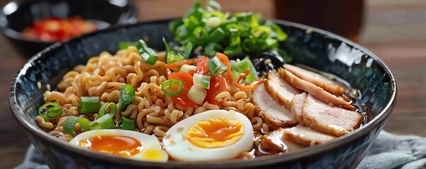 A close-up of a delicious bowl of ramen noodle soup with sliced pork, boiled eggs, and fresh vegetables served in a black bowl.