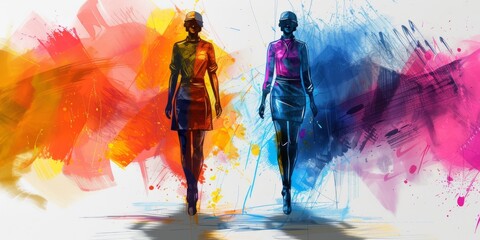 Vibrant Fashion Figures Amidst Colorful Abstract Background