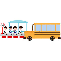 Cute cartoon thai Students on a bus stop waiting for the school bus, illustration character flat