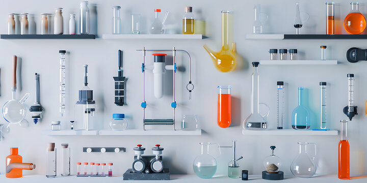 Equipamentos de laborat&oacute;rio de qu&iacute;mica em um fundo branco limpo