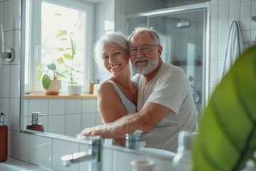 Senior couple in love in bathroom, looking in mirror, hugging and smiling, morning routine concept.