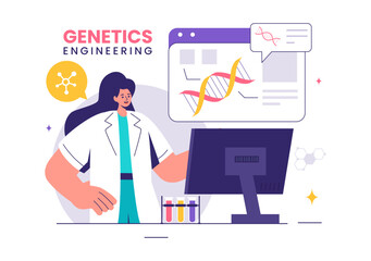 Vector Illustration of Genetic Engineering and DNA Modifications with Genetics Research or Experiment Scientists in a Flat Cartoon Style Background