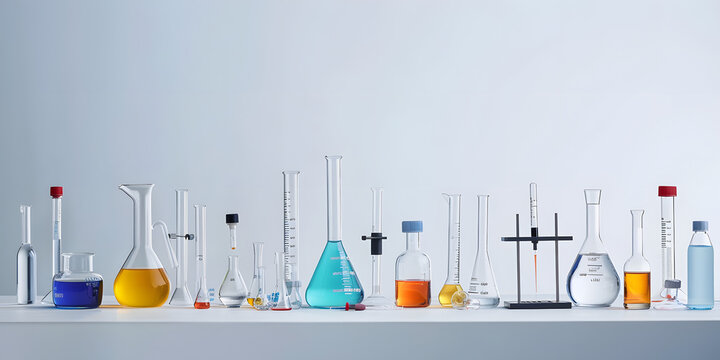 Equipamentos de laborat&oacute;rio de qu&iacute;mica em um fundo branco limpo