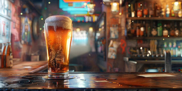 Imagen de un vaso de cerveza con espuma en la barra de un bar o cantina 