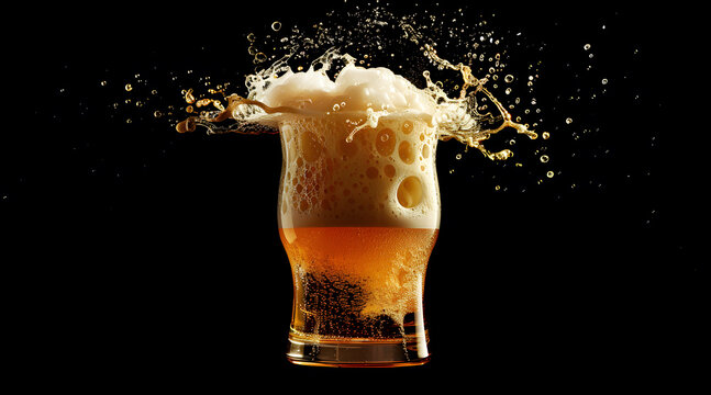 Imagen de un vaso de cerveza espumoso saliendo del vaso estilo explosi&oacute;n en fondo negro 