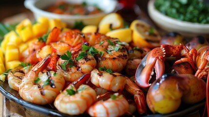 Delicious seafood platter with grilled shrimp, lobster, and fresh veggies garnished with herbs, perfect for a gourmet meal or dining experience.