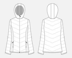 Winter puffer jacket long sleeve hoodie technical drawing fashion flat sketch vector illustration template for women's. Warm clothing design mock up cad front and back views. © VectorVive