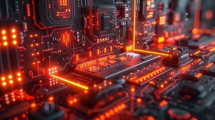 Obraz premium Futuristic red glowing circuit board.