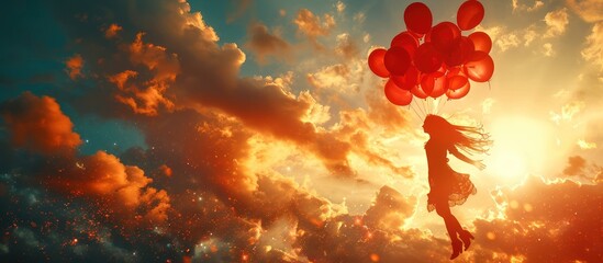 Fototapeta premium Silhouette of happy woman flying in the sky lifted by a bunch of helium balloons