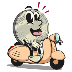 character of a coin money cartoon vector isolated clip art mascot illustration riding a scooter, work of hand drawn