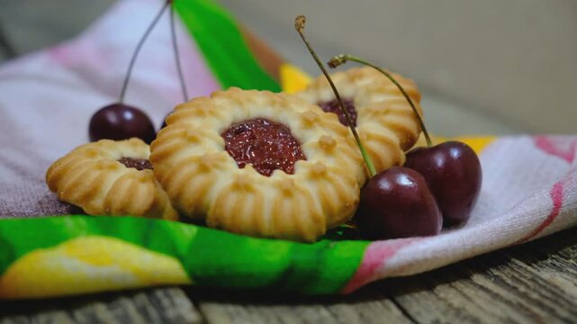 Cookies with cherry jam. Homemade freshly baked shortbread cookies