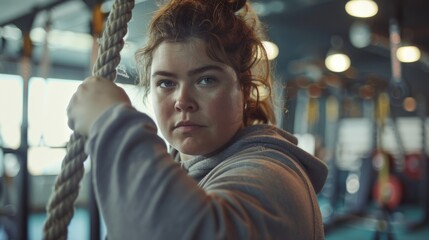 Obraz premium Young fat woman in bright and fashionable gym A woman uses a rope to alternating waves. 