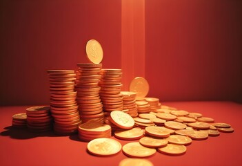 Stacks of Coins on a Red Background - Generated by AI