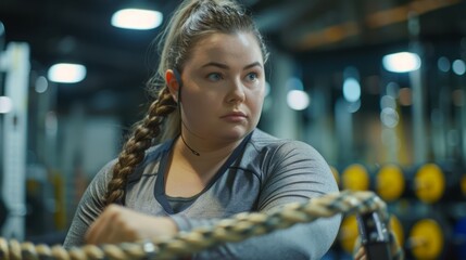 Young fat woman in bright and fashionable gym A woman uses a rope to alternating waves. 