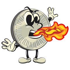 character of a coin money cartoon vector isolated clip art mascot illustration spitting out spicy fire, work of hand drawn