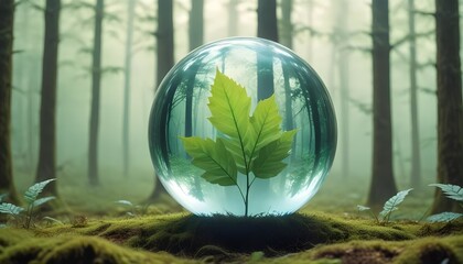 Green Leaf Inside Transparent Sphere in Misty Forest - Generated by AI