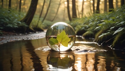 Crystal Ball Reflecting Autumn Leaves in a Forest Stream - Generated by AI
