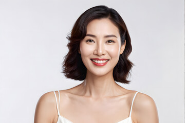 A woman with a short haircut and a white tank top is smiling