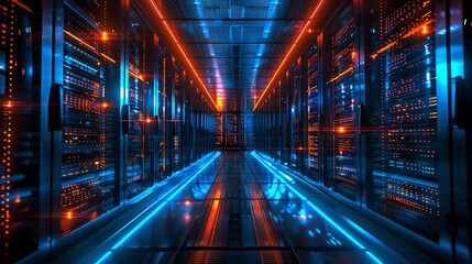 Obraz premium Futuristic Server Room with Neon Lights.